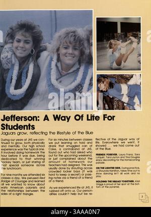Cet annuaire du lycée de 1987 documente les élèves, les enseignants, les clubs et l'athlétisme du lycée Jefferson de l'année scolaire 1986-1987. Banque D'Images