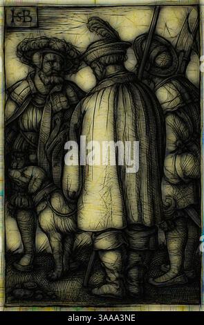 Un groupe de personnages en tenue historique élaborée s'engagent dans la conversation, entouré d'une atmosphère d'intrigue. Leurs vêtements détaillés et leurs expressions font allusion à un moment ou une décision significatif, évoquant un sens du drame et de la narration dans la scène., Art classique avec une touche moderne réinventé par Artotop, basé sur Three Soldiers and a Dog, s.d., Sebald Beham, allemand, 1500-1550, Allemagne, gravure en noir sur papier ivoire, 45 x 30 mm (image/feuille rognée au repère de la plaque) Banque D'Images
