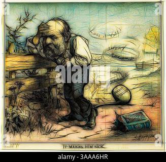 Un homme fatigué s'appuie contre une clôture en bois, un regard de détresse gravé sur son visage. Autour de lui se trouvent des éléments de la nature et des objets dispersés, y compris un ballon de football et une boîte jetée, faisant allusion à une histoire de frustration et de désillusion. La scène résume un moment de contemplation et de lutte., Art classique avec une touche moderne réinventé par Artotop, basé sur elle le rend malade, de Puck, publié le 18 août 1880, Joseph Keppler, américain, 1638-1894, États-Unis, lithographie couleur sur papier journal, 206 x 222 mm Banque D'Images