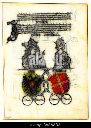 Une illustration ornée montre deux personnages blindés tenant des livres, flanqués de blasons complexes, l'un représentant un lion et l'autre un bouclier rouge avec un motif de croix. Ci-dessus, un lettrage élégant forme un titre élaboré, ajoutant à la signification historique de la composition., Art classique avec une touche moderne réinventé par Artotop, basé sur le duc Otto de Saxe et sa femme, Theokemia de Saxe-Chronik (chronique saxonne), planche 33 de gravures sur bois de livres du 15ème siècle, 1492, portfolio assemblé 1929, artiste inconnu (Mayence, fin du 15ème siècle), imprimé et publié par Peter Schöffer Banque D'Images