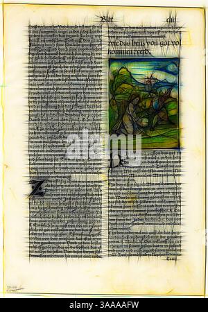 Une page manuscrite élaborée avec un texte dense et manuscrit aux côtés d'une illustration colorée représentant un paysage serein avec des figures, des arbres et un soleil lointain. Le contraste entre le texte et l'imagerie vibrante crée un récit visuel captivant., Art classique avec une touche moderne réinventé par Artotop, basé sur Comment le cœur sera perfectionné par Dieu de Der beschlossen gart des rosenkratz marie, planche vingt de gravures sur bois de Books of the XVI Century, 1505, assemblé en portfolio 1937, Hans Leonhard Schäuffelein (allemand, 1480/90-1538/40), assemblé par Max Geisberg (S Banque D'Images