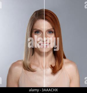 Avant et après la procédure de teinture des cheveux. Photo de belle femme sur fond gris divisé en moitiés Banque D'Images