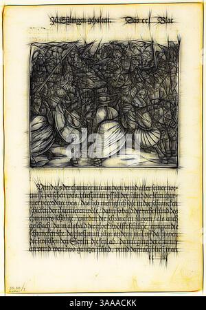 Une scène de bataille médiévale chaotique se déroule avec des chevaliers blindés affrontant des épées, entourés d'une foule de soldats. Le texte ci-dessous fournit un récit ou une description liée à l'événement représenté, améliorant la tension dramatique de l'illustration., Art classique avec une touche moderne réinventé par Artotop, basé sur l'illustration de Turnierbuch (Livre de tournoi), planche sept de gravures sur bois de livres du XVIe siècle, 1530, assemblé en portfolio 1937, attribué à Monogrammist H.H. (allemand, actif 1539-1559), assemblé par Max Geisberg (Suisse, 1875-1943), Allemagne, gravure sur bois, 125 × 147 mm Banque D'Images