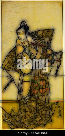 Un personnage gracieux habillé d'un kimono élaboré se tient élégamment, tenant un éventail traditionnel. Les motifs complexes du vêtement et les couleurs subtiles véhiculent un sentiment de richesse culturelle et artistique, évoquant une atmosphère de sérénité et de beauté traditionnelle., Art classique avec une touche moderne réinventée par Artotop, basé sur l'acteur Ichikawa Danjuro V comme Chichibu no Shigetada, c. 1773, Katsukawa Shunsho 勝川 春章, japonais, 1726-1792, Japon, impression couleur sur bois, hosoban, à partir d'une composition multicouche ( ?), 28,7 x 13,8 cm (11 5/16 x 5 7/16 po) Banque D'Images