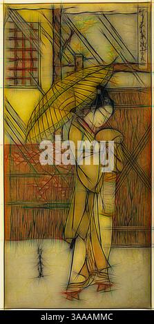 Une femme en tenue traditionnelle porte gracieusement un parapluie, entouré d'un décor abstrait qui évoque un paysage serein, marqué par des lignes et des teintes vibrantes qui évoquent un sens du mouvement et de l'élégance., Art classique avec une touche moderne réinventée par Artotop, basé sur la pluie nocturne de Genjo (Genjo no yau), de la série parodies de huit scènes de Noh chants (Furyu utai hakkei), c. 1767, Suzuki Harunobu 鈴木 春信, japonais, 1725, 1770, impression couleur ( ?) hosoban, 31,1 x 15,0 cm (12 1/4 x 5 7/8 po) Banque D'Images