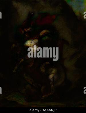 Une composition abstraite avec des formes tourbillonnantes et des tons contrastés, créant un sentiment de mouvement et de mystère. Les formes organiques s'entrelacent, suggérant une fusion d'éléments naturels avec une essence surnaturelle., Art classique avec une touche moderne réinventé par Artotop, basé sur le cavalier arabe attaqué par un Lion, 1849/50, Eugène Delacroix, Français, 1798-1863, France, huile sur panneau, 43,81 × 38,1 cm (17 1/4 × 15 in.) Banque D'Images