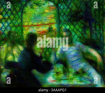 Une scène stylisée mettant en scène deux personnages engagés dans la conversation, entourés de couleurs vibrantes et abstraites et de motifs complexes, créant une atmosphère onirique., Art classique avec une touche moderne réinventée par Artotop, basé sur le déjeuner au Restaurant Fournaise (le déjeuner des rameurs), 1875, Pierre-Auguste Renoir, français, 1841-1919, France, huile sur toile, 55 × 65,9 cm (21 5/8 × 25 15/16 po.) Banque D'Images