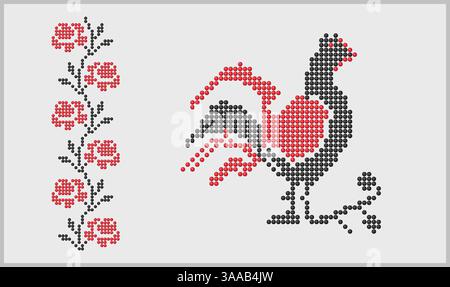 Oiseau et fleurs rouge et noir pixel ornement du sud de l'Ukraine broderie motifs traditionnels Illustration de Vecteur