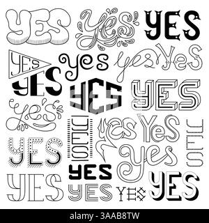 Expressions Oui manuscrites vectorielles. Mots avec éléments décoratifs isolé sur fond blanc. Illustration de Vecteur