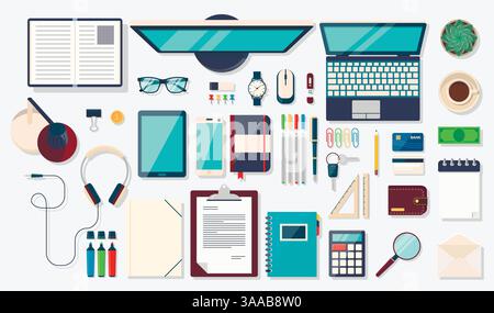 Concept de lieu de travail. Illustration vectorielle moderne de conception plate. Vue de dessus de fond de bureau avec ordinateur portable, appareils numériques, objets de bureau, livres et documentmen Illustration de Vecteur