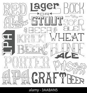 Types de bière. Lettrage dessiné à la main pour bar, pub, café, fête et fête. Dessin vintage pour le menu de pub, maison de bière, affiche de brasserie, étiquette ou logo. Vecto Illustration de Vecteur