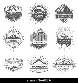 Ensemble de neuf vecteurs montagne et logo d'aventures en plein air. Modèles de logotype vectoriel et badges avec montagnes, arbres, tente Illustration de Vecteur