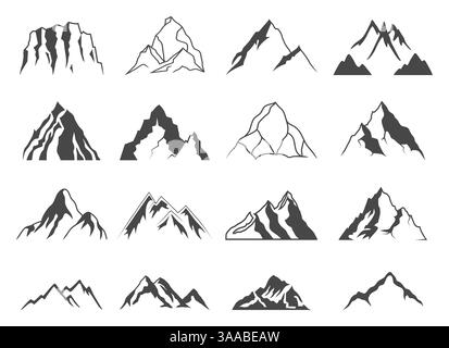 Ensemble de seize formes de montagne vectorielles pour les logos. Logo de camping montagne, étiquettes de voyage, badges d'escalade ou de randonnée Illustration de Vecteur