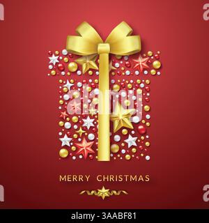 Fond de boîte cadeau de Noël avec des étoiles brillantes, arc et boules colorées. Joyeux Noël vecteur carte Illustration sur fond rouge Illustration de Vecteur
