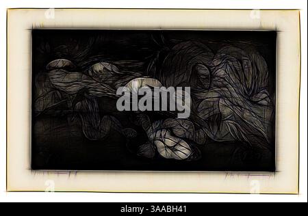 Un arrangement serein de lignes et de formes fluides, évoquant un sentiment de calme, avec des formes arrondies nichées au milieu d’un fond complexe de textures entrelacées., Art classique avec une touche moderne réinventée par Artotop, basé sur L’univers est créé, de la suite Noa Noa, 1893–94, imprimé et publié en 1921, Paul Gauguin (français, 1848-1903), imprimé par Pola Gauguin (Danois, France née, 1883-1961), imprimé sur papier gris de Copenhague 205 × 355 mm (image), 269 × 426 mm (feuille) Banque D'Images