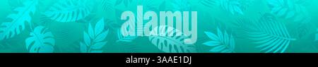 Bannière horizontale sans couture présente un design minimaliste avec diverses feuilles de palmier tropical dans des tons turquoise. Illustration de Vecteur