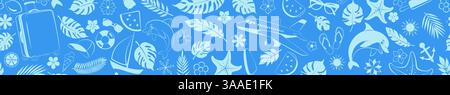 Bannière horizontale sans couture avec une variété d'éléments tels que des feuilles de palmier, des fleurs, un avion volant, dauphin joyeux, soleil brillant, et d'autres tropiques Illustration de Vecteur