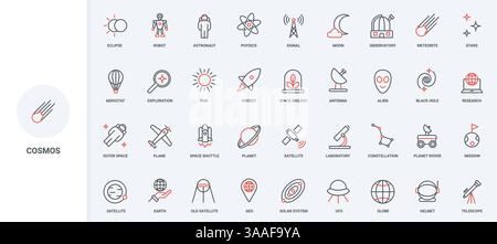 Espace et astronomie, observatoire de station, vol de fusée et ensemble d'icônes de ligne satellite. Casque d'astronautes, planètes et lune, illustration vectorielle de symboles de contour noir et rouge mince extraterrestre Illustration de Vecteur