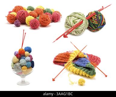 Balle varicolore ð¡ollage pour tricoter sur fond blanc. Il est formé à partir de plusieurs images Banque D'Images