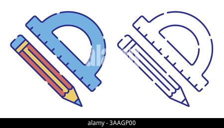 Icône de couleur de trait fin. Crayon et rapporteur scolaire, règle pour esquisser dans les leçons de géométrie. Vecteur simple isolé sur fond blanc Illustration de Vecteur