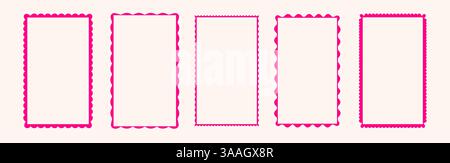 Ensemble de cadres rectangulaires à bord festonné - formes de bordure décoratives avec contour extérieur ondulé, ligne de périmètre en zigzag. Séparateurs de page roses, collection d'éléments de design féminin isolé sur fond blanc. Illustration de Vecteur