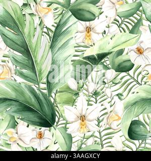 Aquarelle feuilles tropicales et fleurs d'orchidée blanche illustration isolée. Motif Botanical sans couture pour un design de forêt tropicale. Monstera dessiné à la main Banque D'Images