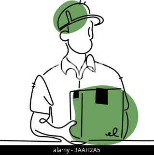 Dessin au trait simple d'un livreur en uniforme tenant un colis, idéal pour la logistique, l'expédition et les concepts de service de messagerie. Illustration de Vecteur