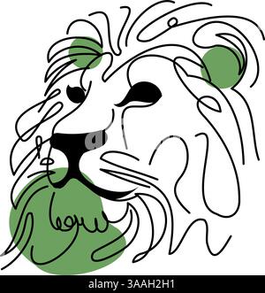 Dessin stylisé d'une ligne d'une tête de lion en vue de profil, mettant en valeur la crinière audacieuse et la force avec des reflets verts abstraits. Illustration de Vecteur