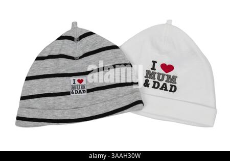 Deux chapeaux d'enfants avec l'inscription J'aime ma mère et mon père Banque D'Images