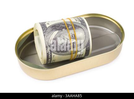 Un paquet roulé de billets de 100 dollars US dans une boîte ovale, chemin de découpage Banque D'Images
