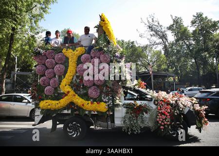 Mexique, Mexique. 13 mars 2025. Les voitures décorées de fleurs transportent les pèlerins pendant le défilé à travers le parc de Chapultepec. Au début de mars 2025, des pèlerins du diocèse de Tenancingo, une région fleurie mexicaine, ont effectué un pèlerinage à la basilique notre-Dame de Guadalupe à Mexico. Ils sont venus en 25 chars allégoriques décorés de motifs eucharistiques et dédiés au culte de la Vierge de Guadalupe. (Crédit image : © Apolline Guillerot-Malick/SOPA images via ZUMA Press Wire) USAGE ÉDITORIAL SEULEMENT ! Non destiné à UN USAGE commercial ! Banque D'Images