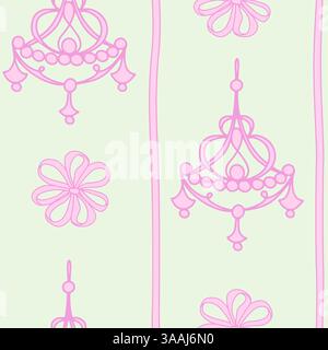 Motif sans couture fantaisiste de Coquette dessiné à la main. Lustre antique rose et arcs sur fond pastel vert. Papier peint vintage coquette, style art au trait, illustration vectorielle. Illustration de Vecteur