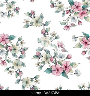 Élégant motif aquarelle sans couture avec des fleurs roses et des feuilles vertes sur un fond blanc. Parfait pour les textiles, le papier peint, la papeterie, le papier cadeau et les designs romantiques. Banque D'Images