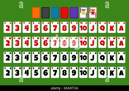 Cartoon jeu complet de cartes à jouer. Set avec des cartes isolées pour l'interface utilisateur de jeu de poker ou de solitaire. Chaque carte sur une couche séparée Illustration de Vecteur