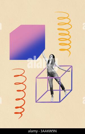 Modèle d'illustration de tendance dessin de collage 3D croquis de jeune femme stand cadre cubge main hold rectangle entrepreneur profession emploi Banque D'Images