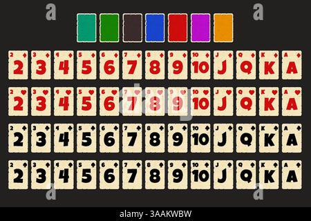 Cartoon jeu complet de cartes à jouer. Set avec des cartes isolées pour l'interface utilisateur de jeu de poker ou de solitaire. Jeu complet de cartes de dessin animé. Chaque carte sur une couche séparée Illustration de Vecteur