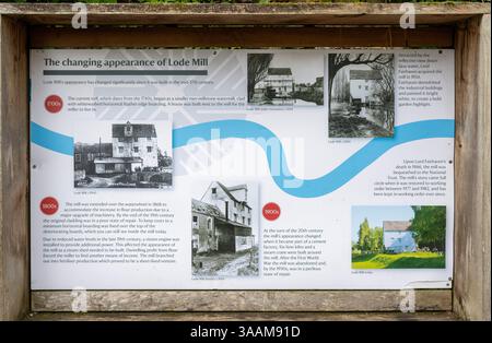 Panneau d'information pour les visiteurs à Lode Mill, Anglesey Abbey, Cambridgeshire, Angleterre, Royaume-Uni Banque D'Images