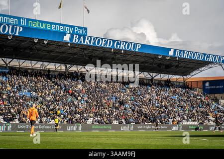 Odense, Danemark. 30 mars 2025. Les fans de football d'Odense BK vus sur les tribunes lors du match NordicBet Liga entre Odense BK et AC Horsens au nature Energy Park à Odense. Banque D'Images