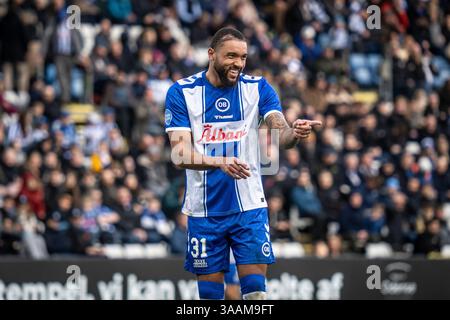 Odense, Danemark. 30 mars 2025. Jay-Roy Grot (31 ans) de Odense BK vu lors du match NordicBet Liga entre Odense BK et AC Horsens au Parc naturel Energy Park à Odense. Banque D'Images