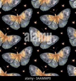 Motif aquarelle sans couture avec des papillons mystiques et des étoiles sur un fond noir. Élégant, vintage et céleste, parfait pour le tissu, le papier peint Banque D'Images