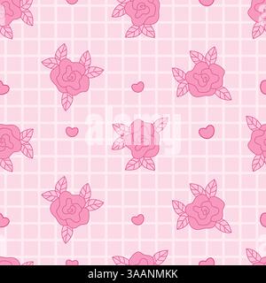 Rose Coquette modèle sans couture Rose rose sur fond à carreaux avec des coeurs. Romantique Girly Vibe. Modèle de toile de fond à motifs floraux et esthétiques à la mode Illustration de Vecteur