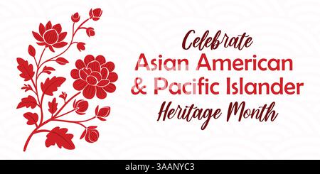 Asiatique américain, bannière vectorielle du mois du patrimoine des îles du Pacifique avec silhouette de branche de fleur asiatique dessinée à la main. Carte de vœux, impression AAPI Illustration de Vecteur