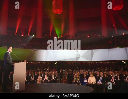 22 avril 2018 - Hanovre, ALLEMAGNE - le président mexicain Enrique Pena Nieto prononce un discours lors de l'ouverture de la Foire de Hanovre à Hanovre, Allemagne, dimanche 22 avril 2018. (Crédit image : © Prensa Internacional via ZUMA Wire) Banque D'Images