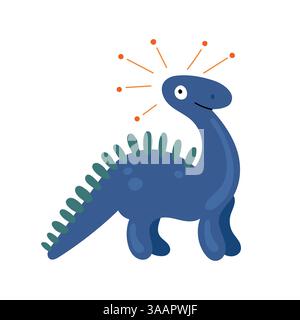 Dinosaure bleu ludique avec des pieds ronds et des épines vertes, avec un visage amical et une forme simple pour des illustrations de jeunesse, des jeux de dinosaures et des imprimés Illustration de Vecteur