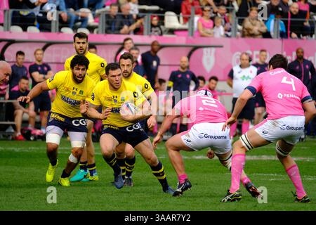 7 avril 2018 - Paris, France - Clermont Wing REMY GROSSO en action lors du championnat de France de rugby match du Top 14 entre le stade Francais et Clermont au stade Jean Bouin à Paris - France..le stade Francais a gagné 50-13 (crédit image : © Pierre Stevenin via ZUMA Wire) Banque D'Images