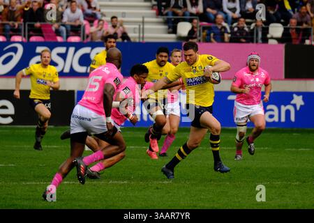 7 avril 2018 - Paris, France - Clermont Wing REMY GROSSO en action lors du championnat de France de rugby match du Top 14 entre le stade Francais et Clermont au stade Jean Bouin à Paris - France..le stade Francais a gagné 50-13 (crédit image : © Pierre Stevenin via ZUMA Wire) Banque D'Images