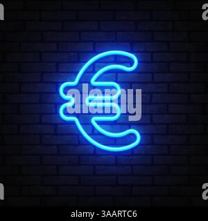 Icône de monnaie euro dans la lueur néon avec des traits bleus électriques vifs. L'arrière-plan est une texture de brique noire qui améliore l'effet lumineux. Illustration de Vecteur