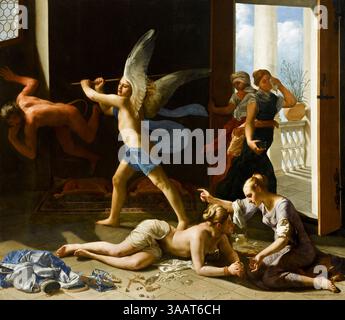 La Madeleine repentante, aussi appelée la conversion de Marie Madeleine, est une peinture à l'huile du début des années 1660 par le peintre italien baroque Guido Cagnacci. Il montre Marie Madeleine, à côté de sa sœur Marthe remonstrueuse, au moment où elle se repent, en écho par un appariement allégorique de vertu, un ange, chassant le vice, un diable. Le tableau est à la collection du Musée Norton Simon, à Pasadena. Banque D'Images