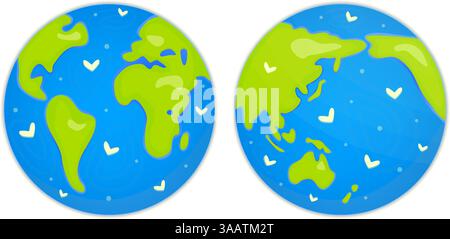 Dessin animé planète Terre mignon en deux préjections. Illustrations aux couleurs vives pour le jour de la Terre et le jour de l'environnement. Sphère globe en couleurs vertes et bleues. ECO Illustration de Vecteur