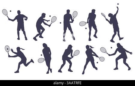 Définir les silhouettes des joueurs de tennis. Athlètes professionnels masculins et féminins dans différentes poses actives, hommes et femmes avec raquettes battant et servant Illustration de Vecteur